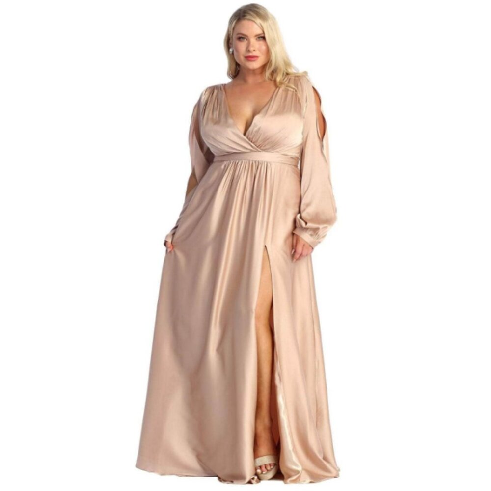 Mocha Prom Long V-Neck Split Long Sleeves A-Line Dress By May Queen MQ1857